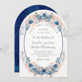 ブルー赤面ビーチウオーターカラーシェルフラワー結婚ズ 招待状 (正面/裏面)