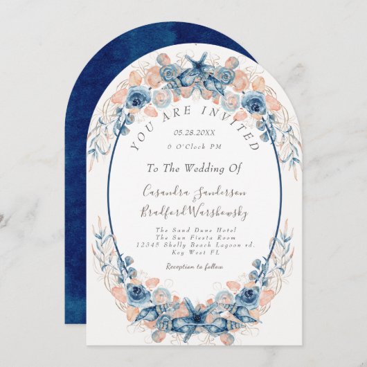 ブルー赤面ビーチウオーターカラーシェルフラワー結婚ズ 招待状 (正面/裏面)