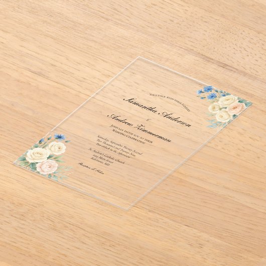 ブルー赤面ピンククリームフローラエレガントな結婚式 アクリル招待状 (レイダウン)