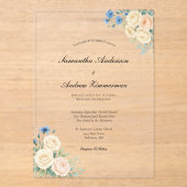 ブルー赤面ピンククリームフローラエレガントな結婚式 アクリル招待状 (正面)