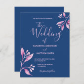 ブルー赤面ピンク植物性結婚式招待状 ポストカード (正面/裏面)