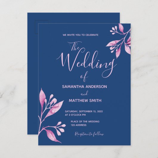 ブルー赤面ピンク植物性結婚式招待状 ポストカード (正面/裏面)