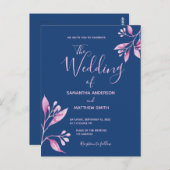 ブルー赤面ピンク植物性結婚式招待状 ポストカード (正面/裏面)