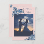 ブルー赤面ピンク水彩フローラ結婚の写真 サンキューカード (正面/裏面)
