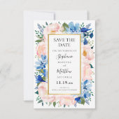 ブルー赤面ピンク金ゴールド水カラーフローラ結婚ズ セーブザデート (正面)