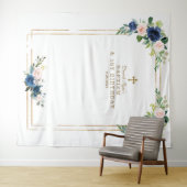 ブルー赤面フラワーフォトブース誕生日バプテスマ タペストリー (インサイチュ(横))