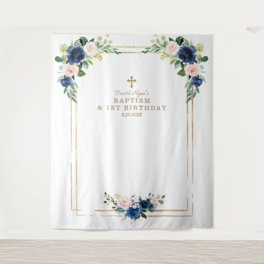 ブルー赤面フラワーフォトブース誕生日バプテスマ タペストリー (正面)