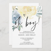 ブルー赤面フローラオーボーイベビーシャワーパーティー 招待状 (正面/裏面)