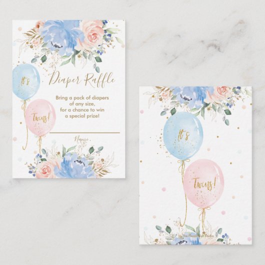 ブルー赤面フローラバルーンツインおむつラッフル エンクロージャーカード (正面/裏面)
