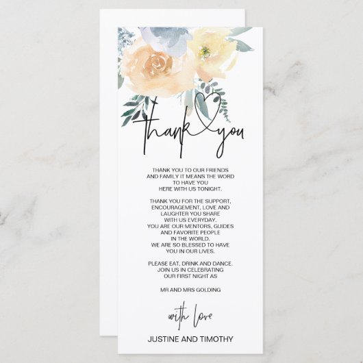 ブルー赤面フローラ結婚の感謝の表の設定 メニュー (正面/裏面)