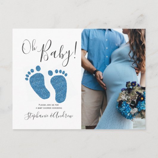 ブルー足カップルベビーシャワー招待状はがき 案内ポストカード (正面)