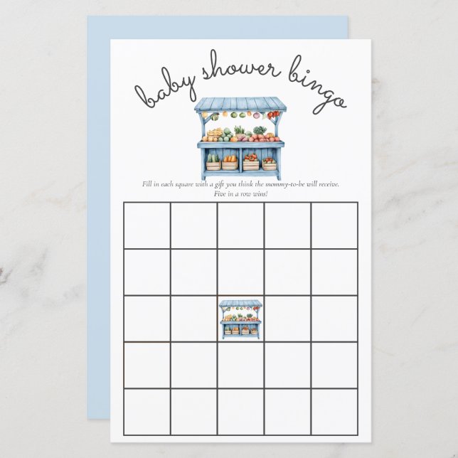 ブルー農家市場男の赤ちゃんシャワービンゴゲーム (正面/裏面)