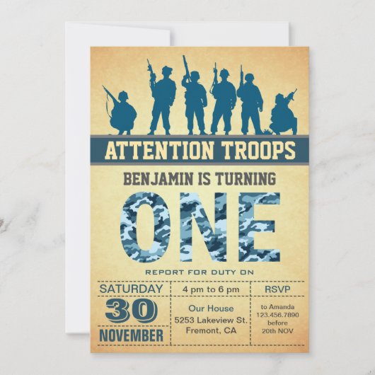 ブルー迷彩柄カモフラージファースト誕生日招待状 招待状 (正面)
