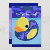 ブルー迷彩柄ゴムダッキー（アヒルちゃん） 招待状 (正面/裏面)