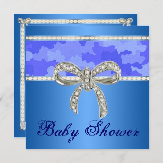 ブルー迷彩柄ダイヤモンドボウベビーシャワー招待状 招待状 (正面/裏面)