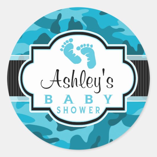 ブルー迷彩柄迷彩赤ちゃんシャワー ラウンドシール (正面)