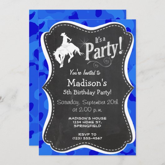 ブルー迷彩柄；カモフラージロデオ 招待状 (正面/裏面)