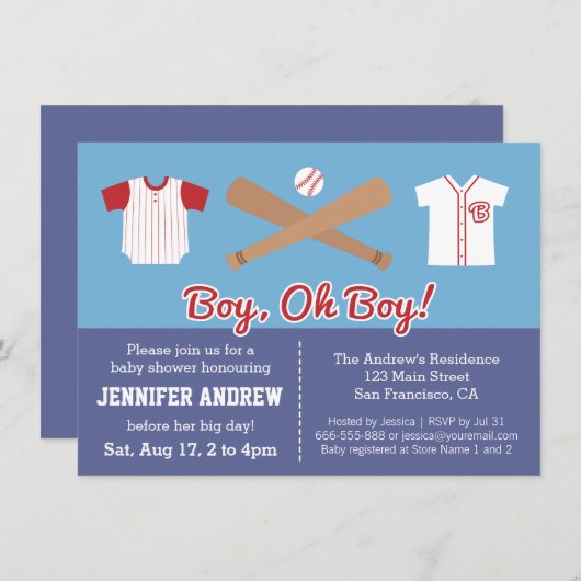 ブルー野球男の赤ちゃんシャワーパーティの招待状 招待状 (正面/裏面)