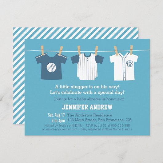ブルー野球男の赤ちゃんシャワーパーティの招待状 招待状 (正面/裏面)