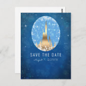 ブルー金ゴールドおとぎ話の城プリンセススパークル ポストカード (正面/裏面)