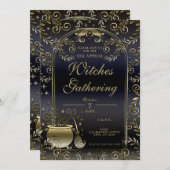 ブルー金ゴールドお洒落魔法ウィッカウィッチズギャザリング 招待状 (正面/裏面)