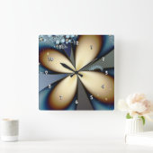 ブルー金ゴールドかわいい抽象芸術フローラ スクエア壁時計 (ホーム)