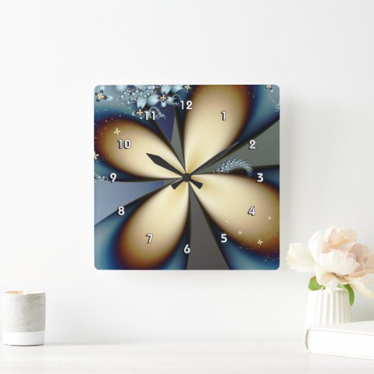ブルー金ゴールドかわいい抽象芸術フローラ スクエア壁時計 (ホーム)