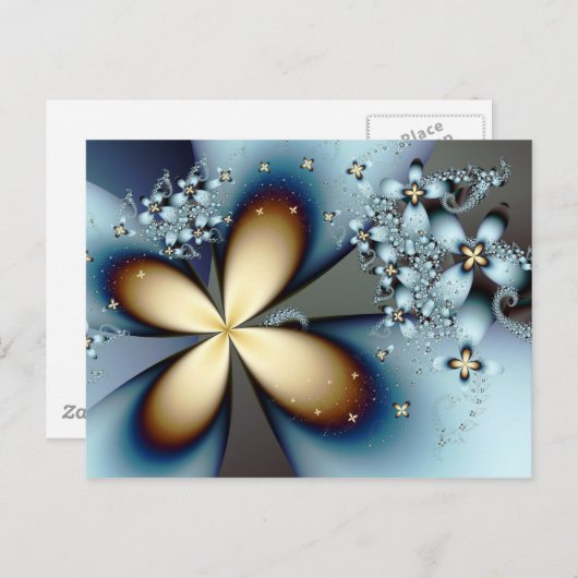 ブルー金ゴールドかわいい抽象芸術フローラ ポストカード (正面/裏面)