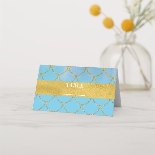 ブルー金ゴールドきらめくマーメイドパーティーテーブル番号 プレイスカード (正面)