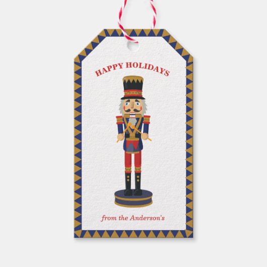 ブルー金ゴールドくるみ割りドラムクリスマスギフトラベル ギフトタグ (正面)