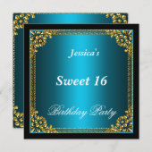 ブルー金ゴールドとブラックスウィート16バースデーパーティー 招待状 (正面/裏面)