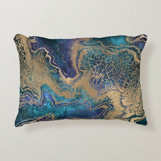 ブルー金ゴールドのマーブリング：抽象芸術背景。 アクセントクッション (正面)