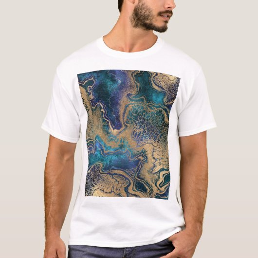 ブルー金ゴールドのマーブリング:抽象芸術背景。 Tシャツ (正面)