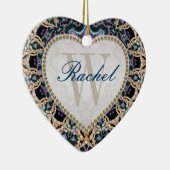 ブルー金ゴールドろうけつ染めモノグラムラブハートオーナメント セラミックオーナメント (右)