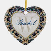 ブルー金ゴールドろうけつ染めモノグラムラブハートオーナメント セラミックオーナメント (正面)