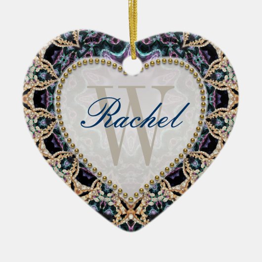 ブルー金ゴールドろうけつ染めモノグラムラブハートオーナメント セラミックオーナメント (正面)