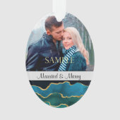 ブルー金ゴールドアゲート抽象芸術結婚した&メリークリスマス オーナメント (正面)