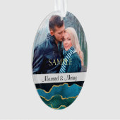 ブルー金ゴールドアゲート抽象芸術結婚した&メリークリスマス オーナメント (正面)