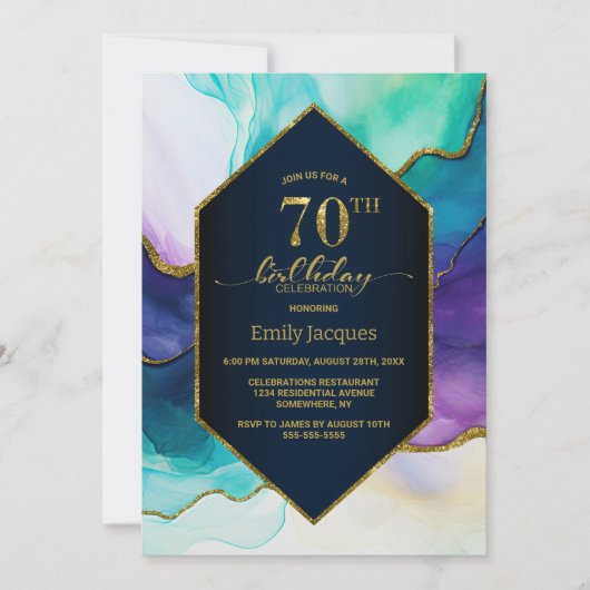 ブルー金ゴールドアゲート70th誕生日パーティー 招待状 (正面)