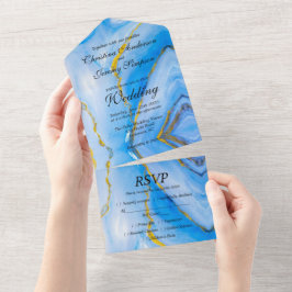 ブルー金ゴールドアゲ結婚ート オールインワン招待状