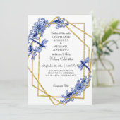 ブルー金ゴールドアジアトンボ中国花水彩 招待状 (スタンド正面)