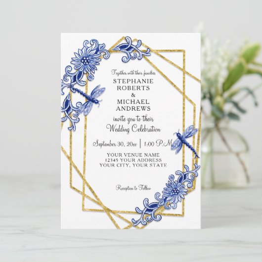 ブルー金ゴールドアジアトンボ中国花水彩 招待状 (スタンド正面)