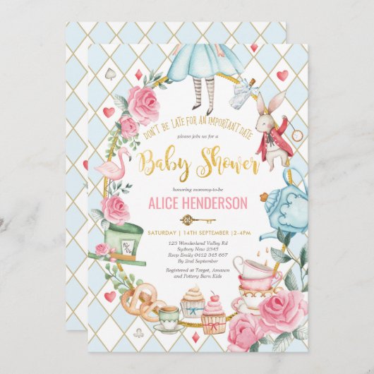 ブルー金ゴールドアリスinワンダーランド赤ちゃんシャワーティー 招待状 (正面/裏面)