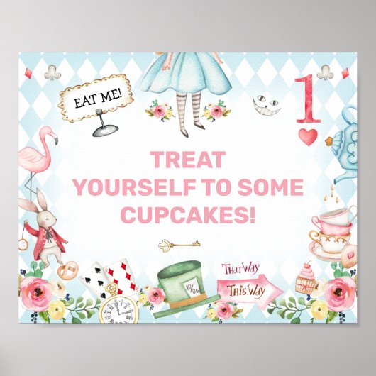 ブルー金ゴールドアリスOne-derland 1st Birthday Sign ポスター (正面)