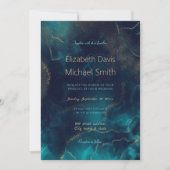 ブルー金ゴールドアルコールインクアート深いブルーシー 招待状 (正面)