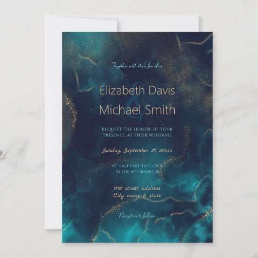 ブルー金ゴールドアルコールインクアート深いブルーシー 招待状 (正面)