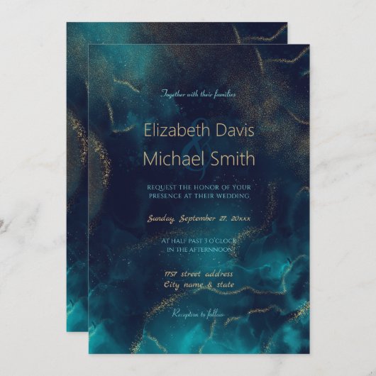 ブルー金ゴールドアルコールインクアート深いブルーシー 招待状 (正面/裏面)