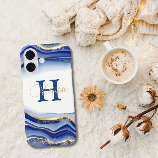 ブルー金ゴールドアルコールインクモノグラム名イニシャル Case-Mate iPhoneケース