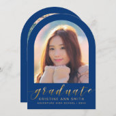 ブルー金ゴールドアーチ2写真卒業のお知らせ 招待状 (正面/裏面)