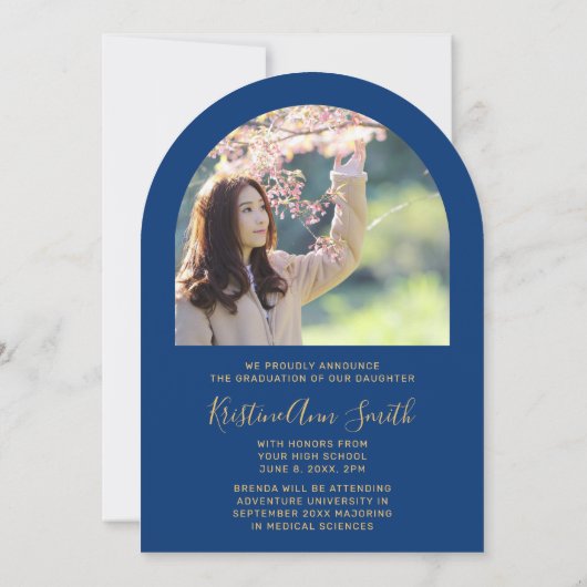 ブルー金ゴールドアーチ2写真卒業のお知らせ 招待状 (裏面)